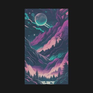 Magical Japanese Night Mountain Landscape With Moon And Trees T-Shirt