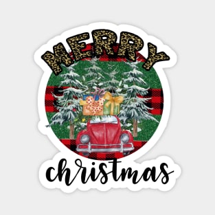 Merry christmas leopard buffalo plaid tree truck Magnet