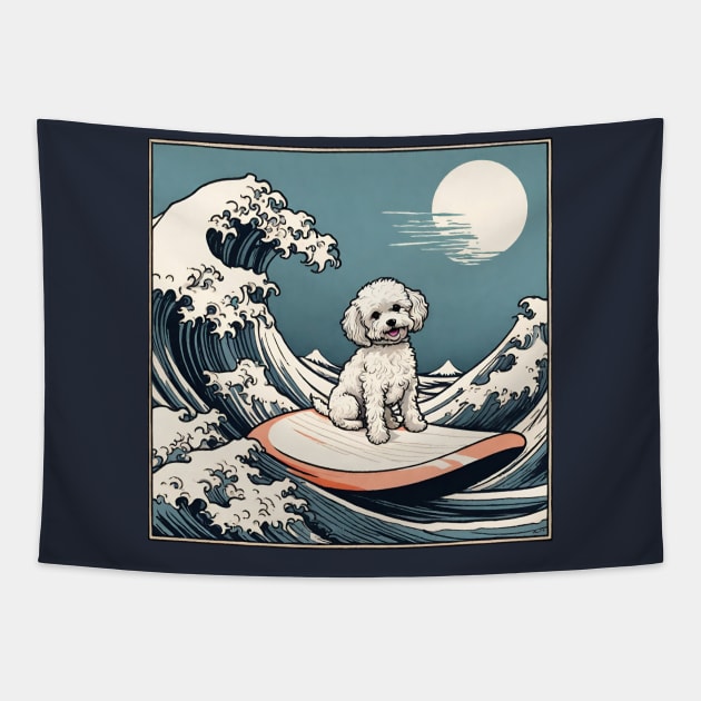 Funny Maltipoo Crusty White Dog Surfing in The Great Wave Cute Maltese Shih Tzu Dog Mom Tapestry by wigobun