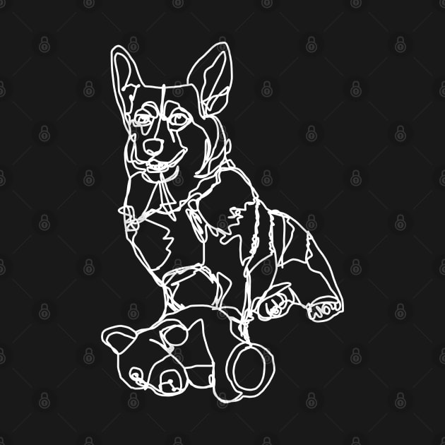 Dog Art Corgi and Toy White Line Drawing by ellenhenryart