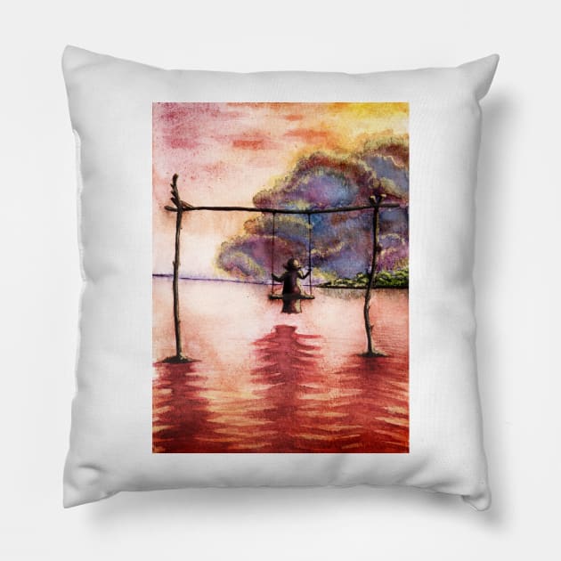 Woman on swing in a sunset. Pillow by Begoll Art