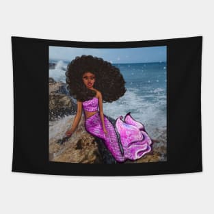 Coco the Magical rainbow mermaid with brown eyes, flowing Afro hair and caramel brown skin Tapestry