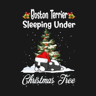 Boston Terrier Sleeping Under Christmas Tree Funny Xmas T-Shirt