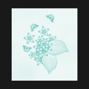 teal flowers and butterflies on subtle textured background T-Shirt