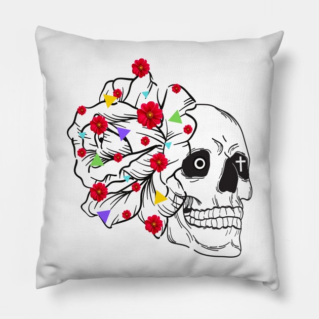 skeleton face drawing with a cross in the background in the eye, linear flower and flowers with small colorful triangles Pillow by JENNEFTRUST