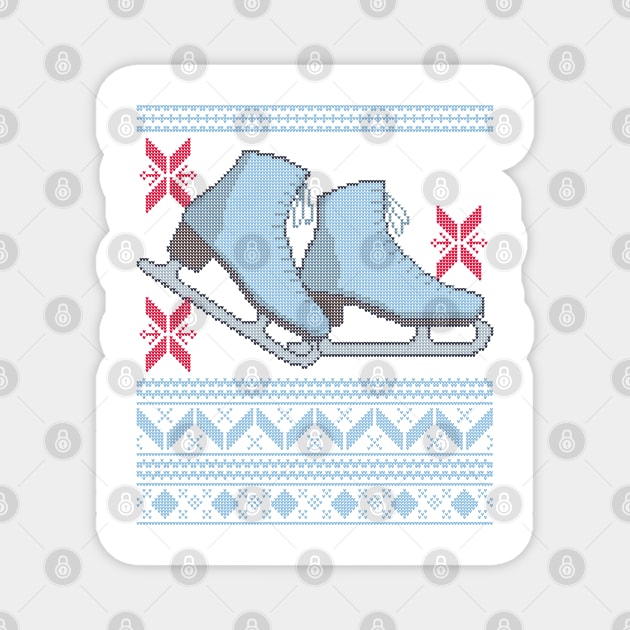 Ugly Christmas Sweater design with Ice Skates and Snowflakes Magnet by YourGoods