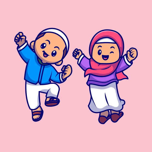 Cute Girl And Boy Moslem Celebrating Ied Mubarak Cartoon by Catalyst Labs