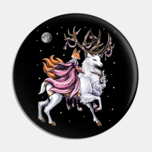 Japanese Kitsune Fox Riding Cherry Blossom Deer Pin