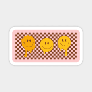 Hippie groovy melting smile faces on checkered background with distorted squares. Psychedelic Melted Smiley Face pattern. Magnet