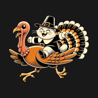 Joyful Cat Riding Turkey Funny Thanksgiving Pilgrim Cat T-Shirt