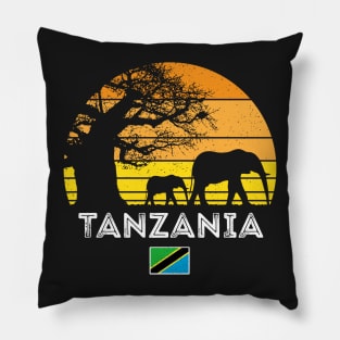 Tanzania Elephant Safari Vintage Sunset Baobab Africa Flag Pillow