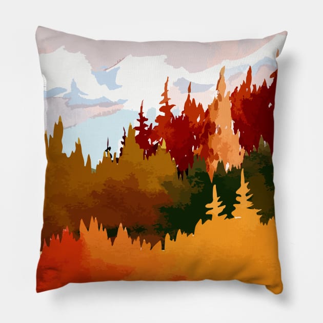 Autumn forest painting Pillow by PrintsMatic