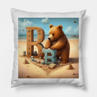 Letter B - Bear building on beach with blocks - AdventuresOfSela Pillow