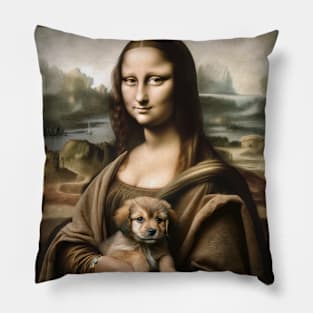 Mona Lisa's Puppy Embrace: National Puppy Day Pillow