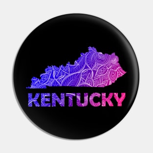 Colorful mandala art map of Kentucky with text in blue and violet Pin