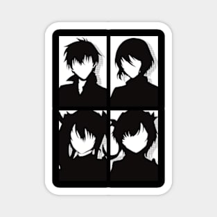 The Misfit of Demon King Academy or Maou Gakuin Anime Characters : Anos Voldigoad, Misha Necron, Sasha Necron, and Lay Glanzudlii in Black and white Minimalist Pop art Design Magnet