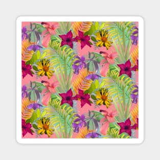 Elegant tropical flowers and leaves pattern floral illustration, pink tropical pattern over a Magnet