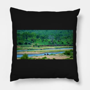 A Couple of Hippos and a Herd of Elephants on the Crocodile River Pillow