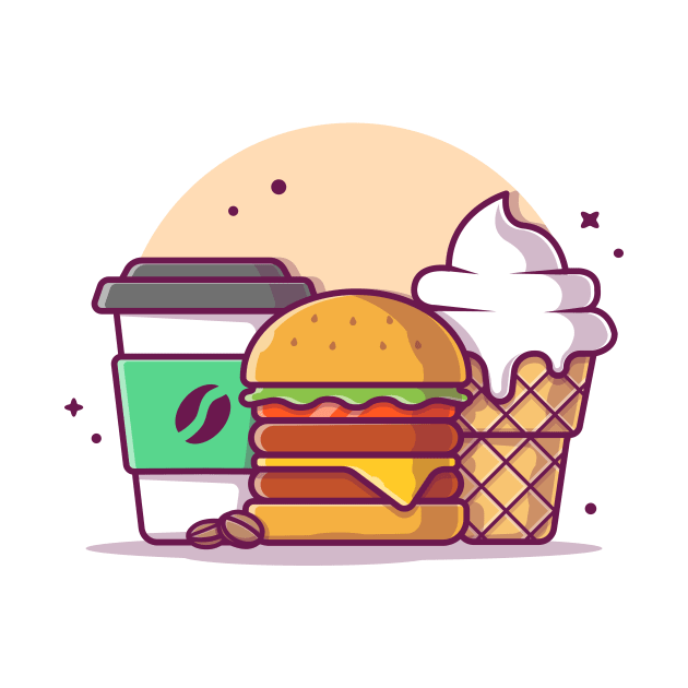 Burger with Cup of Coffee and Ice Cream Cartoon Vector Icon Illustration by Catalyst Labs