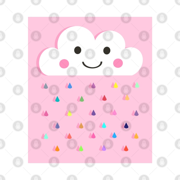 Rainbow Raindrops, Happy Rain Cloud, on Pink by OneThreeSix