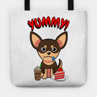 Cute small dog is having coffee and cake Tote