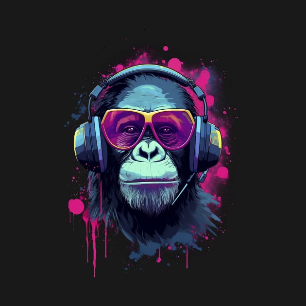 Retro Synthwave Chimpanzee Listening to Music by Abili-Tees
