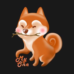 Shiba inu playing with wood stick T-Shirt