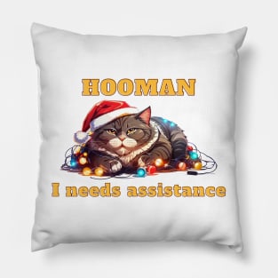Funny Christmas Cat Wrapped in Lights, Fat Cat Meme Pillow