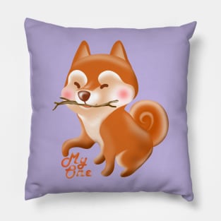 Shiba inu playing with wood stick Pillow