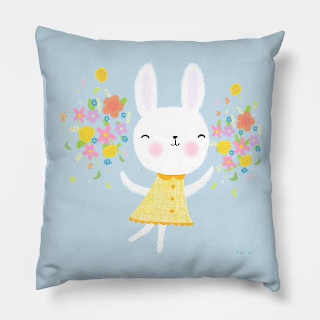 Dancing Bunny With Flowers Pillow by LittleBunnySunshine