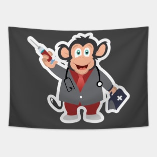 Monkey Doctor Mascot Sticker logo design. Health and care icon concept. Monkey doctor with injection sticker vector design. Tapestry