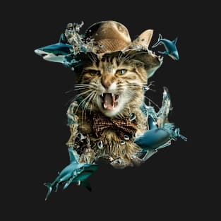 Cat Riding Shark Underwater Discovery T-Shirt