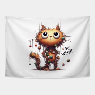 Cat Destroying Christmas Tree Illustration Tapestry