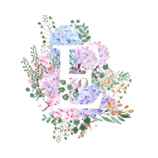 botanical monogram alphabet E hydrangea flowers T-Shirt