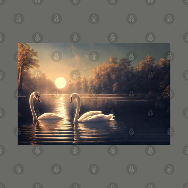 Two swans swim peacefully, Protect the environment design by DyeruArt