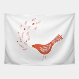 Scandinavian Bird With Hearts Tapestry