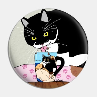 CUTE Tuxedo Cat drink his humans coffee  Copyright TeAnne Pin