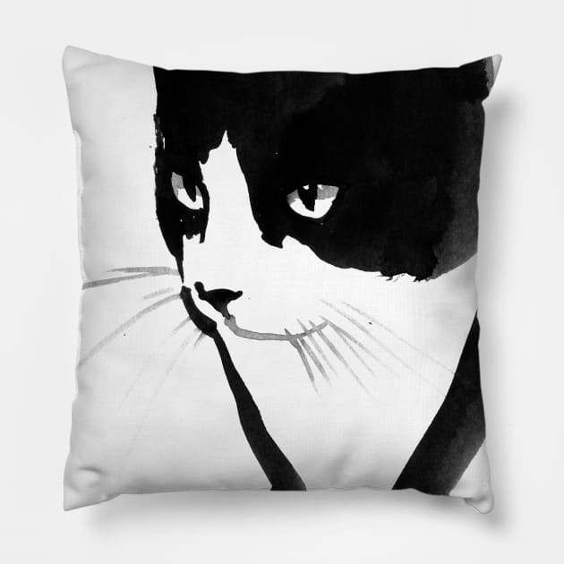 cat black and white Pillow by pechane