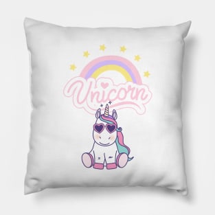 Cute Unicorn with Glasses, Rainbow, And Stars Pillow