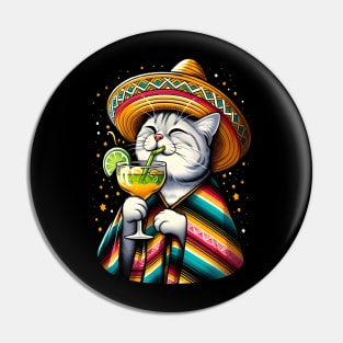 Cat Drinking Margarita Mexican Poncho Cat Lover Pin