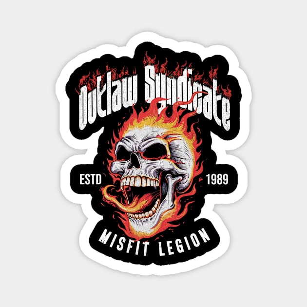 Outlaw Syndicate Design: Fiery Skull Graphic with Misfit Legion Theme Magnet by Designed By Marty