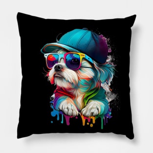 Colourful cool Malteser Terrier dog with sunglasses and Cap Pillow