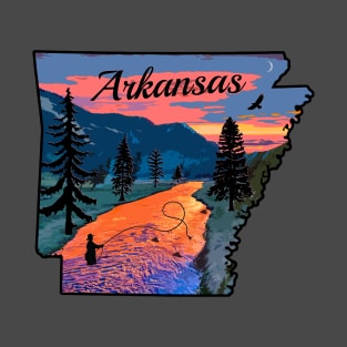 Fly Fishing Arkansas State Map Mountain Sunset River Retro T-Shirt