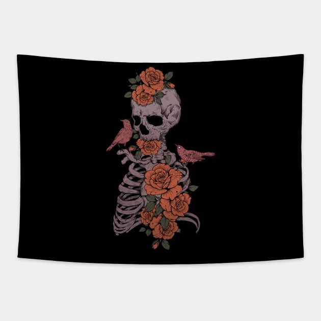 Floral Skeleton and birds Tapestry by Jess Adams