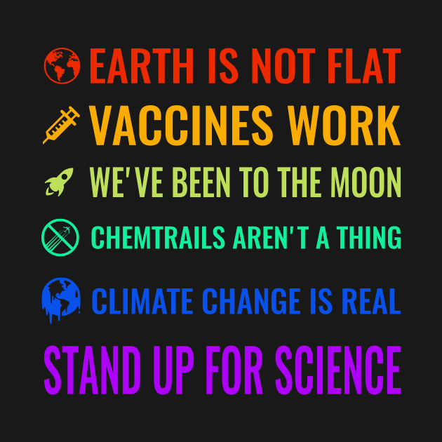 Earth is not flat! Vaccines work! We’ve been to the moon! Chemtrails aren’t a thing! Climate change is real! Stand up for science! by simbamerch