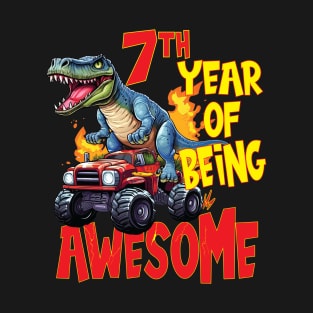 7th Year of Being Awesome 7yr Birthday Truck Dinosaur Boy Girl 7 Years Old T-Shirt