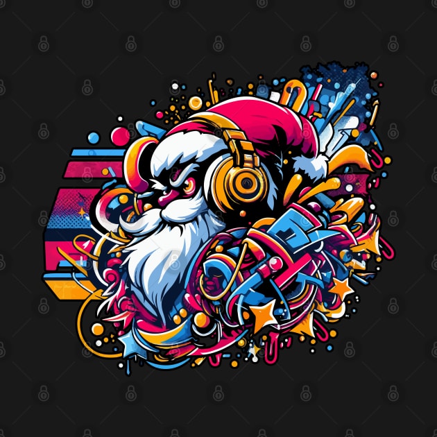 Santa Claus with headphones on his ears listening to music. by T-Shirt Paradise