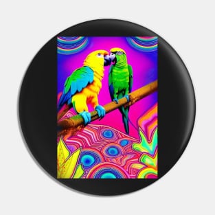 2 RICHLY COLORED PARROTS  WITH RAINBOWS Pin