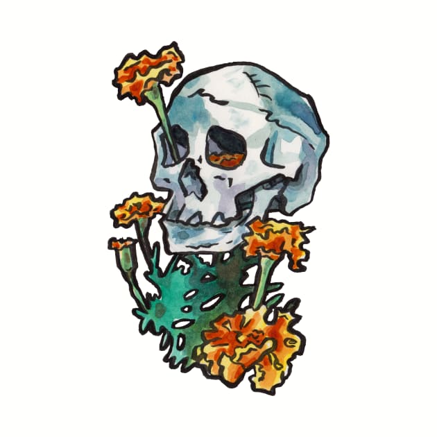 Skull with Marigold Flowers by JenTheTracy