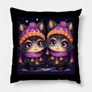 Christmas Illustration - Cute and Funny Kittens in Winter Hats and Scarves, a Playful Design Perfect for the Holiday Season. Pillow